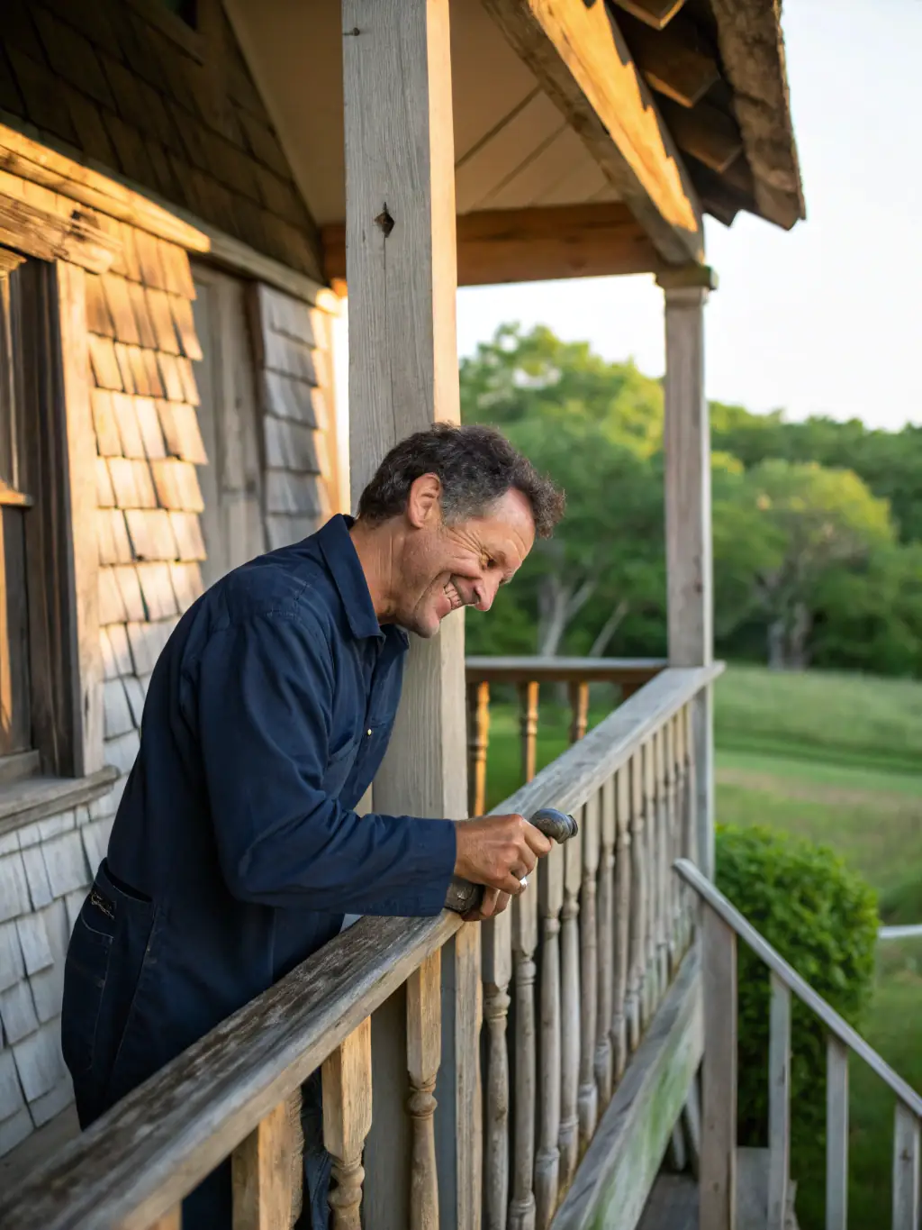A close-up of a skilled technician from Wilson and Sons Construction repairing damaged wood trim on a home's exterior, demonstrating their attention to detail and commitment to quality repairs.