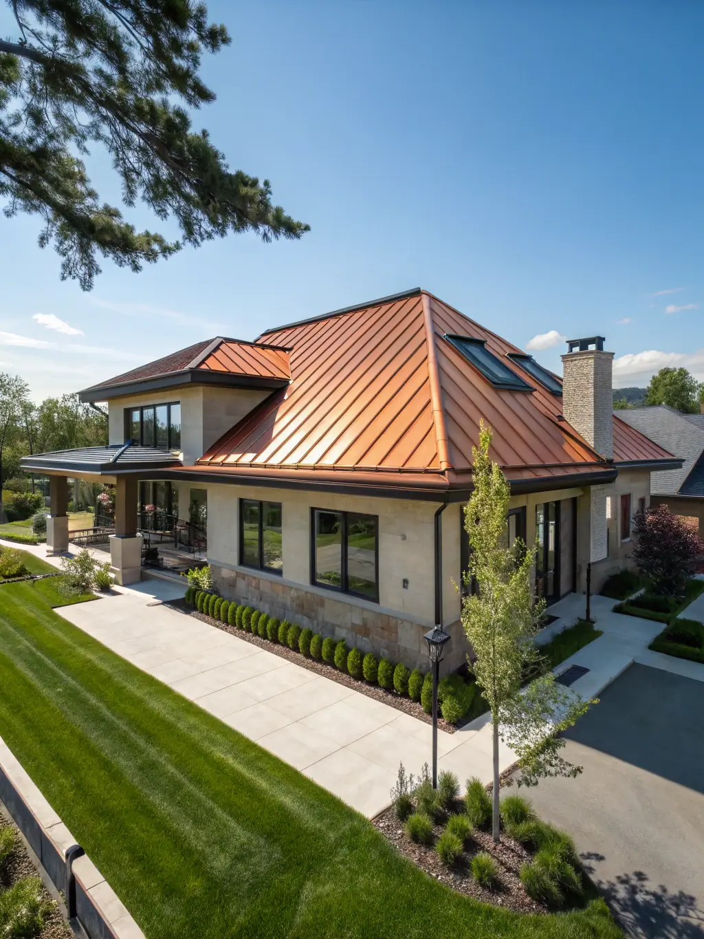 A photograph of a completed residential roof with metal roofing installed by Wilson and Sons Construction, highlighting its sleek appearance and durability.