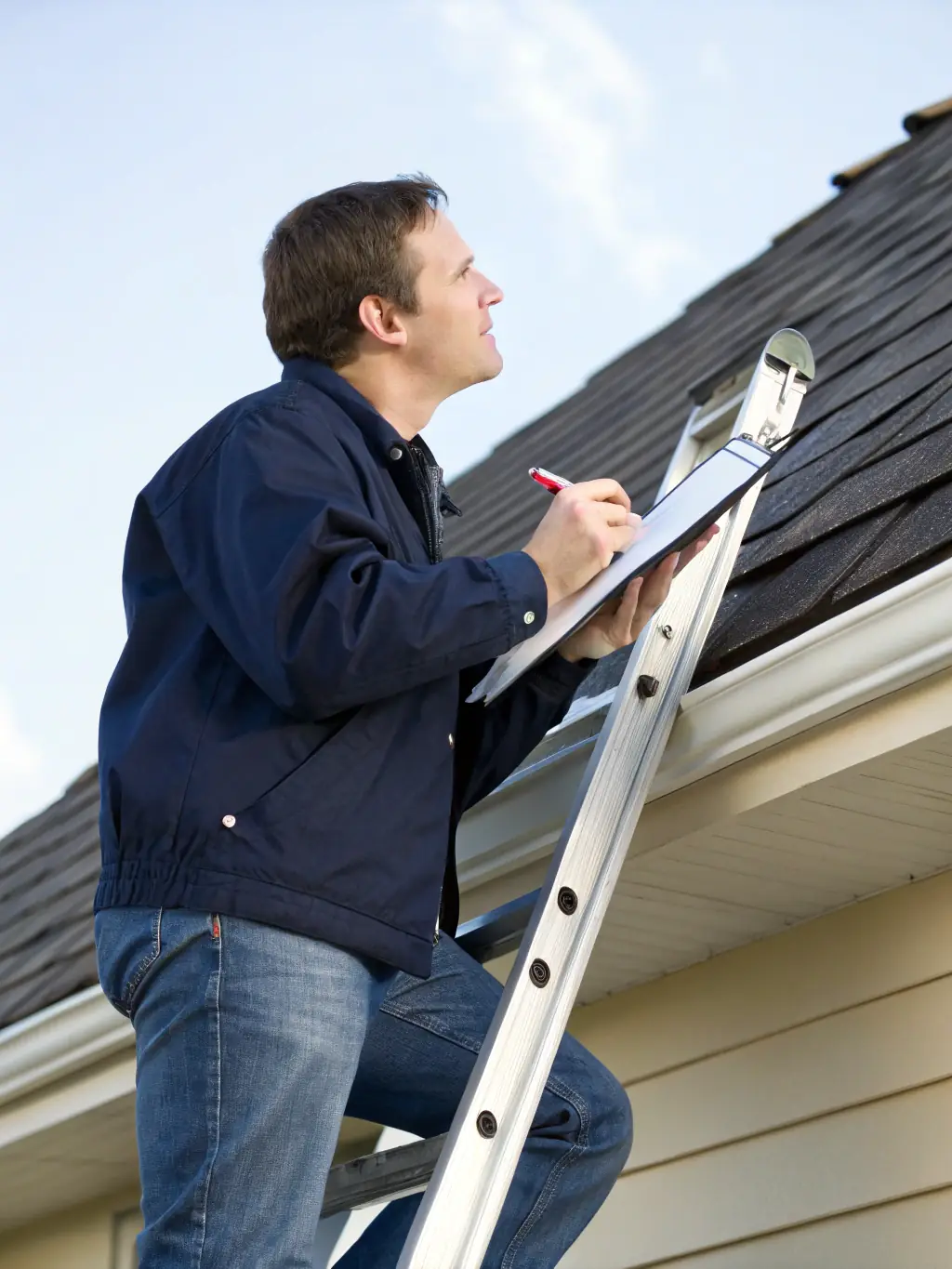 A picture of a Wilson and Sons Construction team member inspecting a roof for damage, emphasizing their commitment to quality and thoroughness.