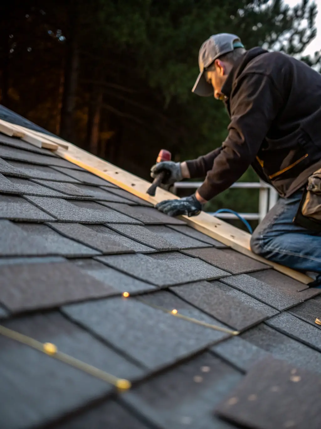 A close-up shot of asphalt shingles being installed on a residential roof by a Wilson and Sons Construction team member, showcasing the texture and color options available.