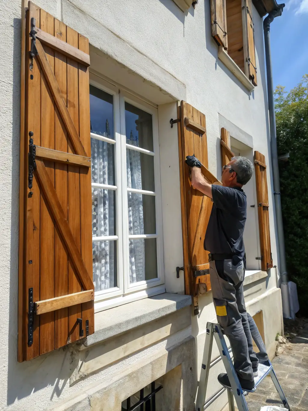 A craftsman installing wood siding on a traditional-style house, highlighting the natural beauty and warmth that wood siding brings to a home's exterior, reflecting Wilson and Sons' expertise.